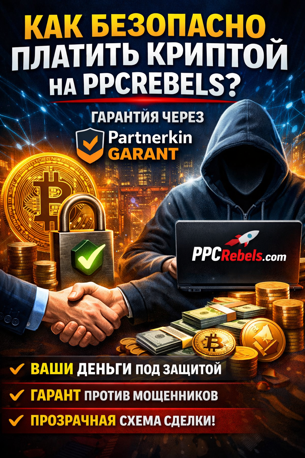 Безопасная оплата криптой на PPCRebels.com: гарант Partnerkin защищает вашу сделку