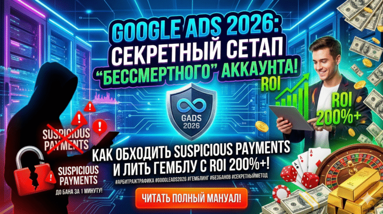 Google Ads 2026: Секретный сетап «Бессмертного» аккаунта. Как обходить Suspicious Payments и лить Гемблу с ROI 200% +