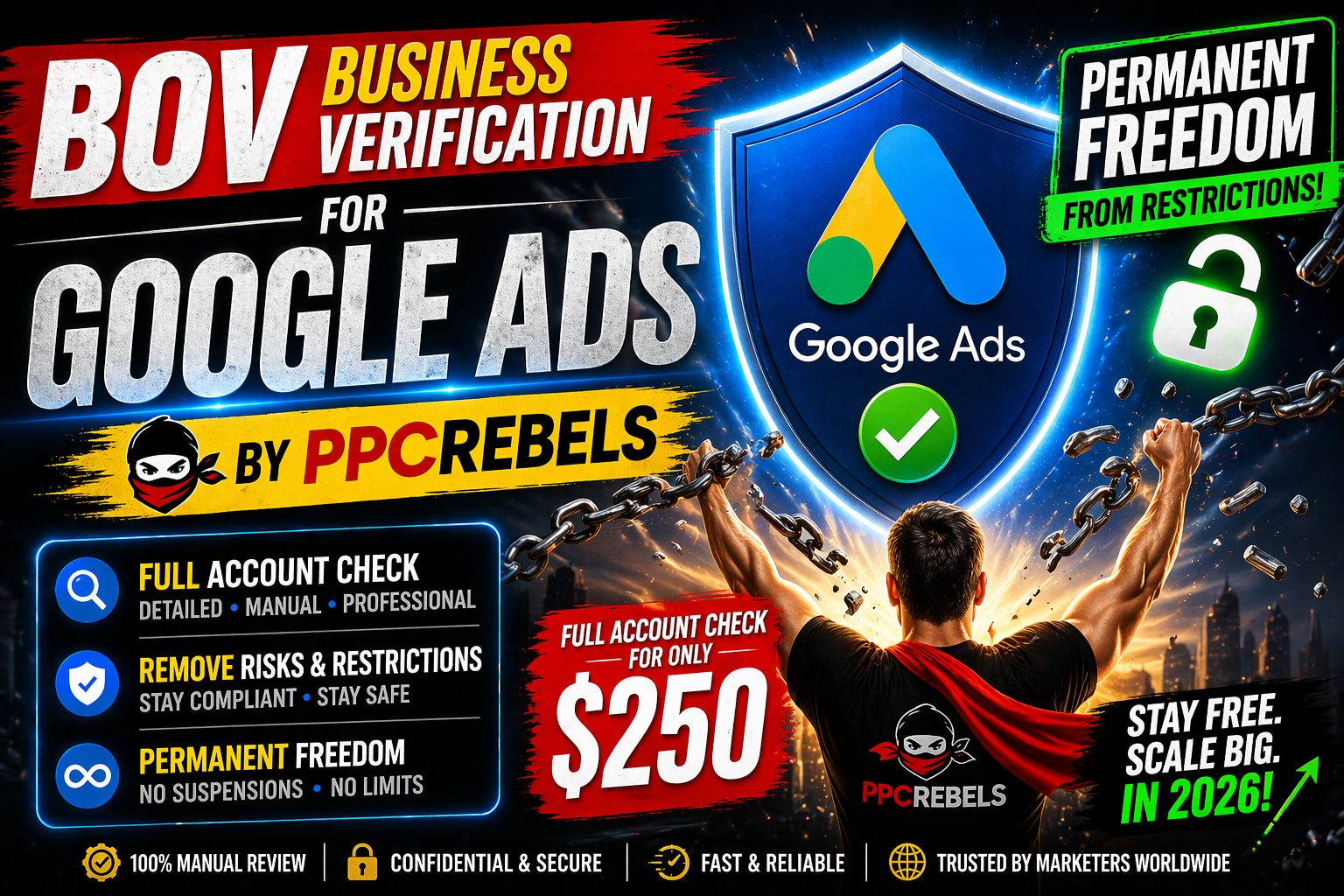 BOV Business Verification Google Ads for $250 from PPCrebels – Full Account Check & Permanent Freedom from Restrictions in 2026