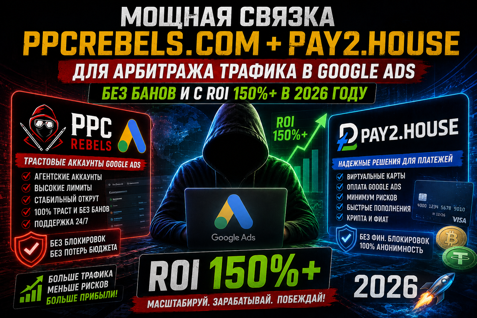 ppcrebels.com и Pay2.House: мощная связка для арбитража трафика в Google Ads без банов и с ROI 150%+ в 2026 году