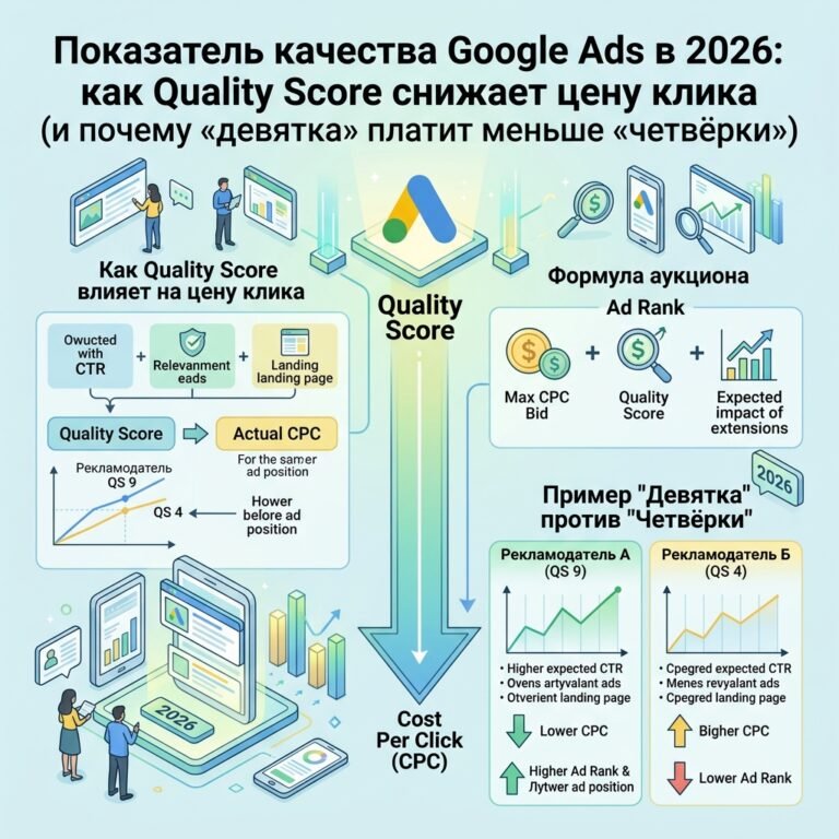 Показатель качества Google Ads в 2026: как Quality Score снижает цену клика (и почему «девятка» платит меньше «четвёрки»)