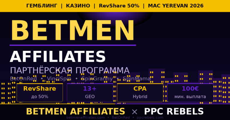 Betmen Affiliates и PPC Rebels — гемблинг партнёрка RevShare 50% Google Ads 2026