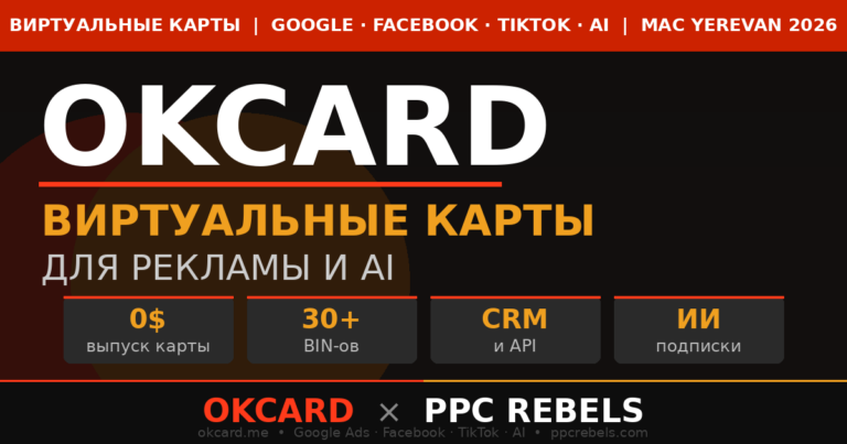 OKCARD и PPC Rebels — виртуальные карты для Google Ads Facebook TikTok 2026