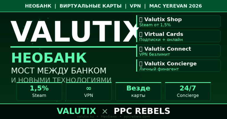 Valutix НеоБанк и PPC Rebels — виртуальные карты VPN Steam арбитраж 2026