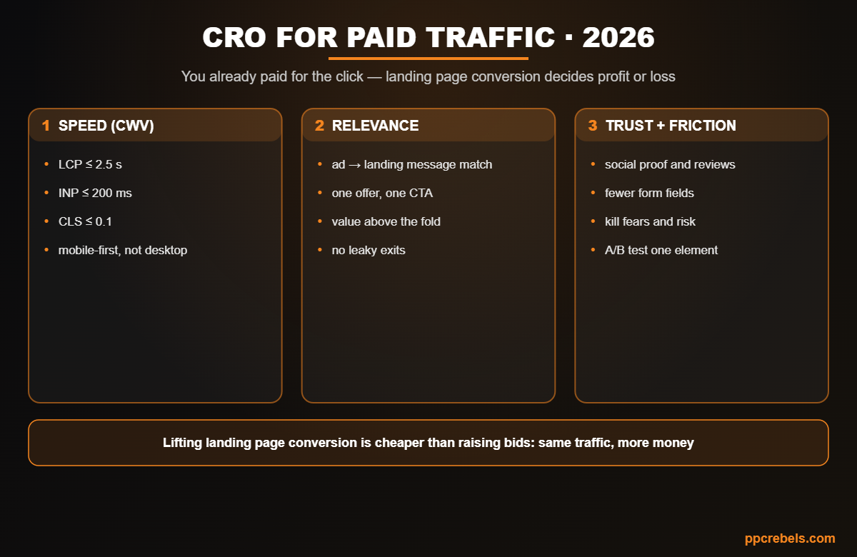 Infographic: landing page conversion for paid traffic 2026 — speed (Core Web Vitals), relevance and trust
