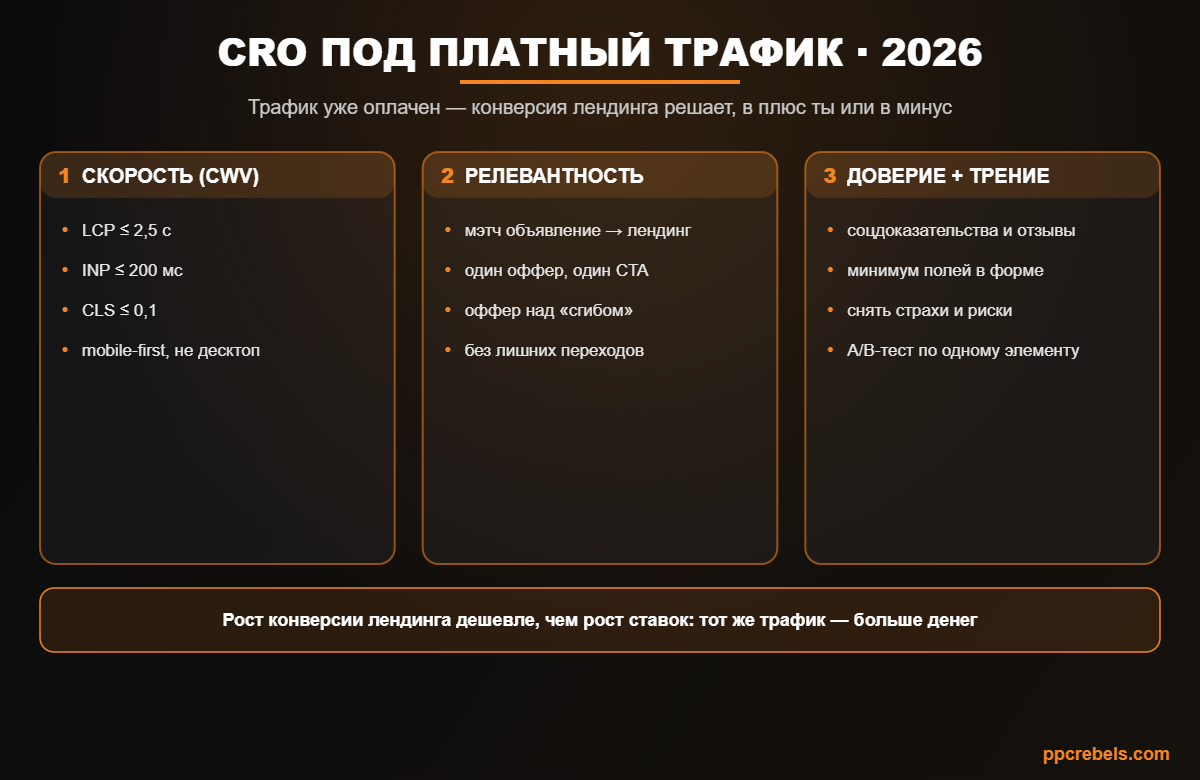 Инфографика: конверсия лендинга под платный трафик 2026 — скорость (Core Web Vitals), релевантность и доверие