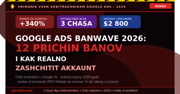 Google Ads Banwave 2026: 12 причин массовых банов и защита аккаунта — разбор от PPC Rebels (рост банов +340% за квартал, AI выявляет аккаунт за 3 часа, средний ущерб $2 800)