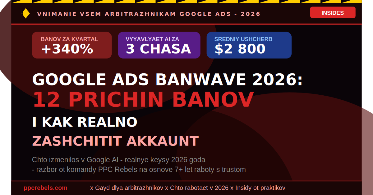Google Ads Banwave 2026: 12 причин массовых банов и защита аккаунта — разбор от PPC Rebels (рост банов +340% за квартал, AI выявляет аккаунт за 3 часа, средний ущерб $2 800)