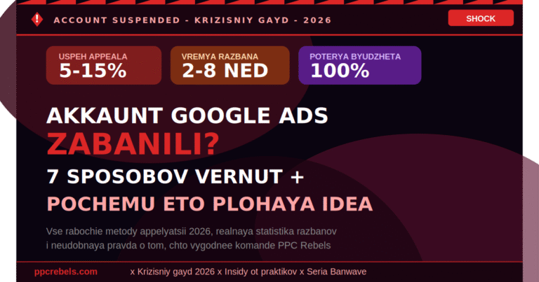 Как восстановить забаненный Google Ads аккаунт в 2026 — 7 рабочих способов апелляции и почему это плохая идея — гайд от PPC Rebels (успех апелляции 5–15%, время разбана 2–8 недель, потеря бюджета 100%)