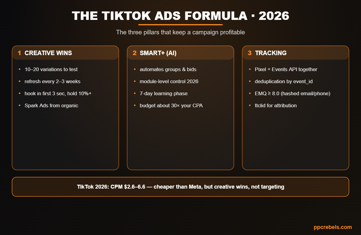 Infographic: the TikTok Ads formula 2026 — creative wave, Smart+, Pixel and Events API tracking