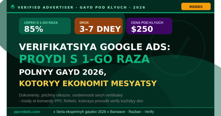 Как пройти верификацию Google Ads с первого раза в 2026 — пошаговый гайд от PPC Rebels (успех с первого раза 85%, срок 3-7 дней, цена под ключ $250)