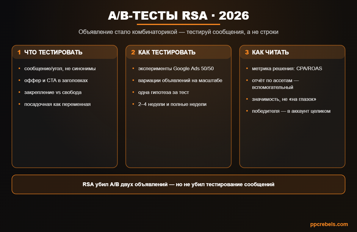 Инфографика: A/B-тесты поисковых объявлений RSA 2026 — что тестировать, методология и чтение результатов