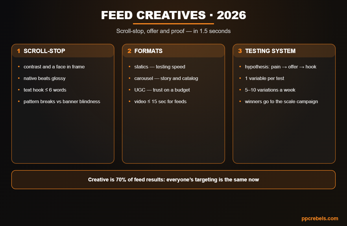 Infographic: ad creatives for feeds 2026 — scroll-stop, formats and a testing system