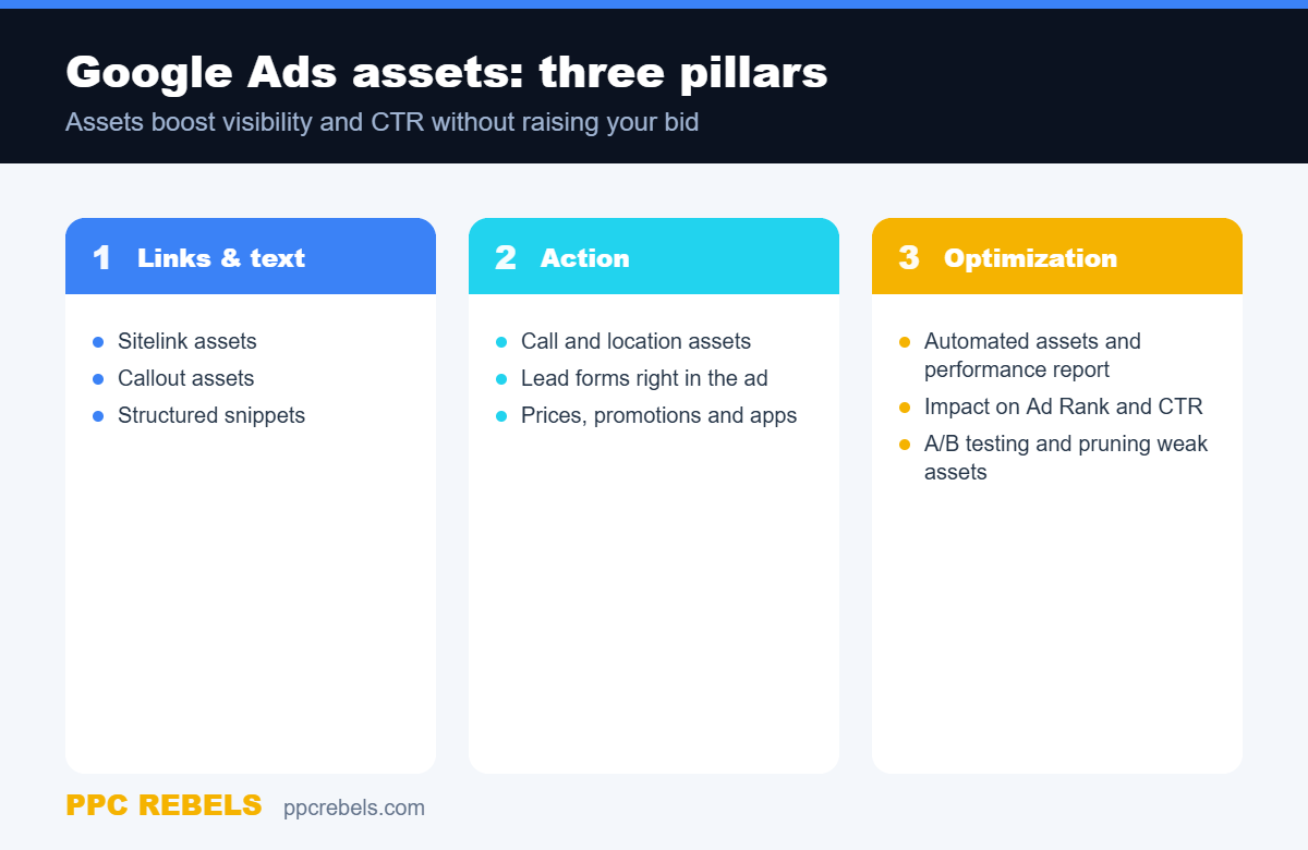 Three pillars of Google Ads assets: links and text, action, optimization