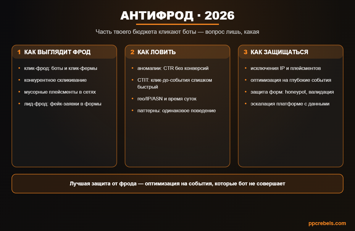 Инфографика: антифрод в трафике 2026 — виды фрода, сигналы детекции и защита бюджета