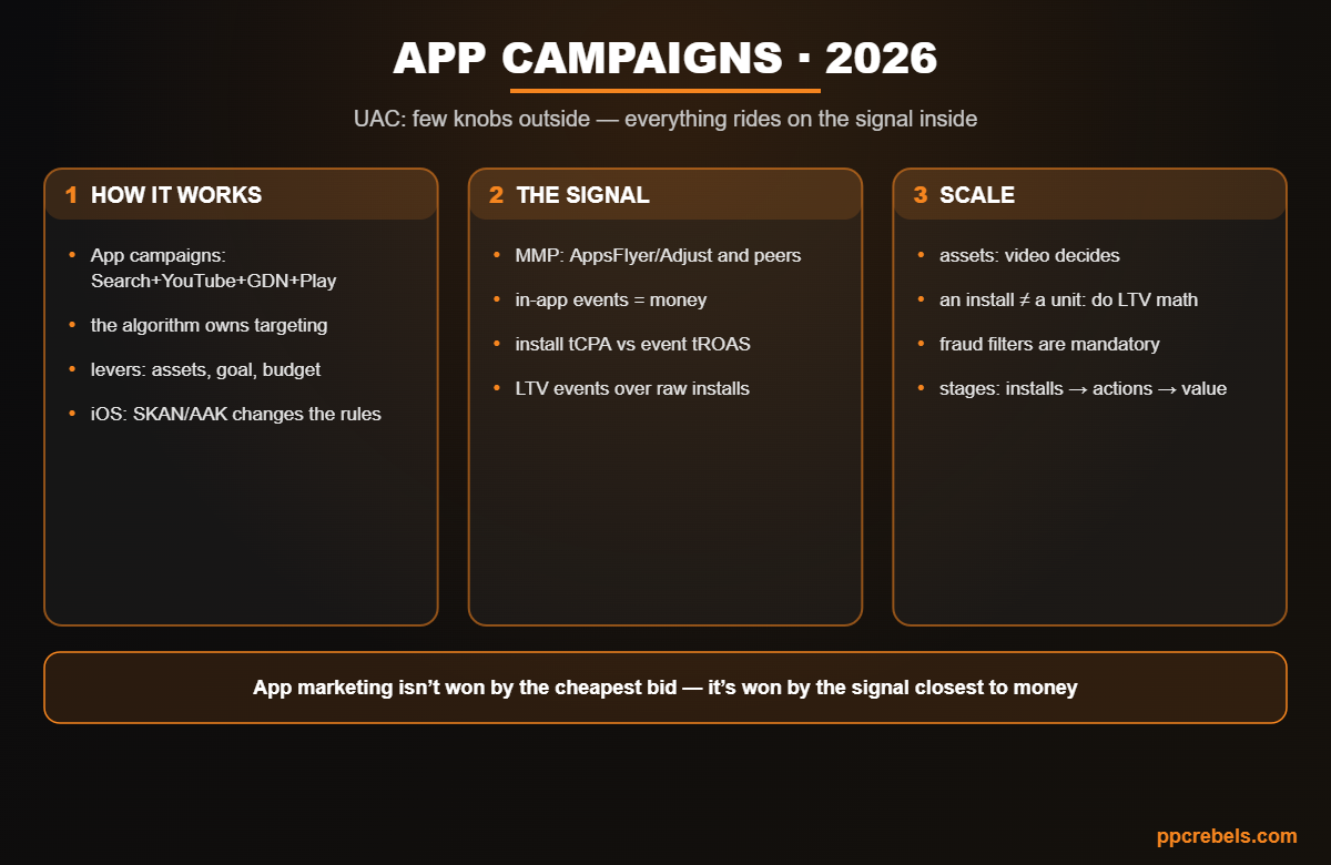 Infographic: app campaigns UAC 2026 — mechanics, MMP signal quality and LTV-based scaling