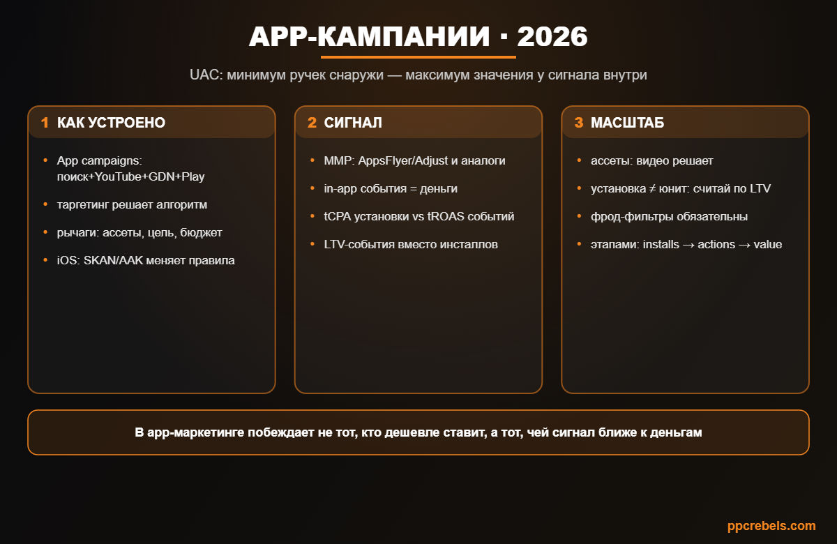 Инфографика: app-кампании UAC 2026 — устройство, качество сигнала через MMP и масштабирование по LTV
