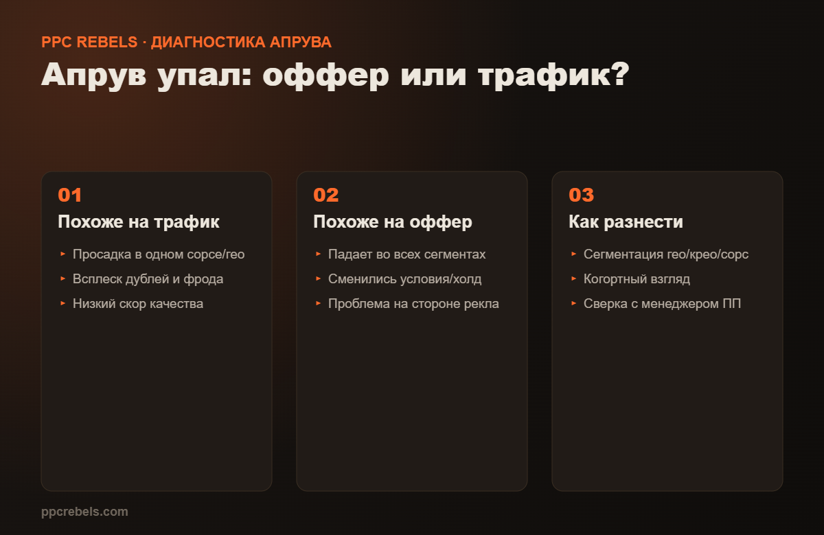 Апрув упал: как по симптомам разнести проблему на трафик и оффер