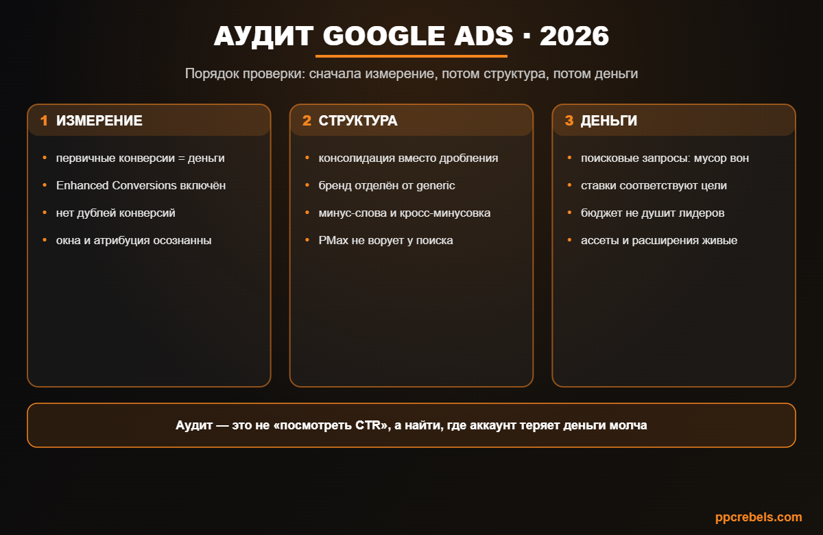 Инфографика: аудит Google Ads аккаунта 2026 — проверка измерения, структуры и денежных утечек