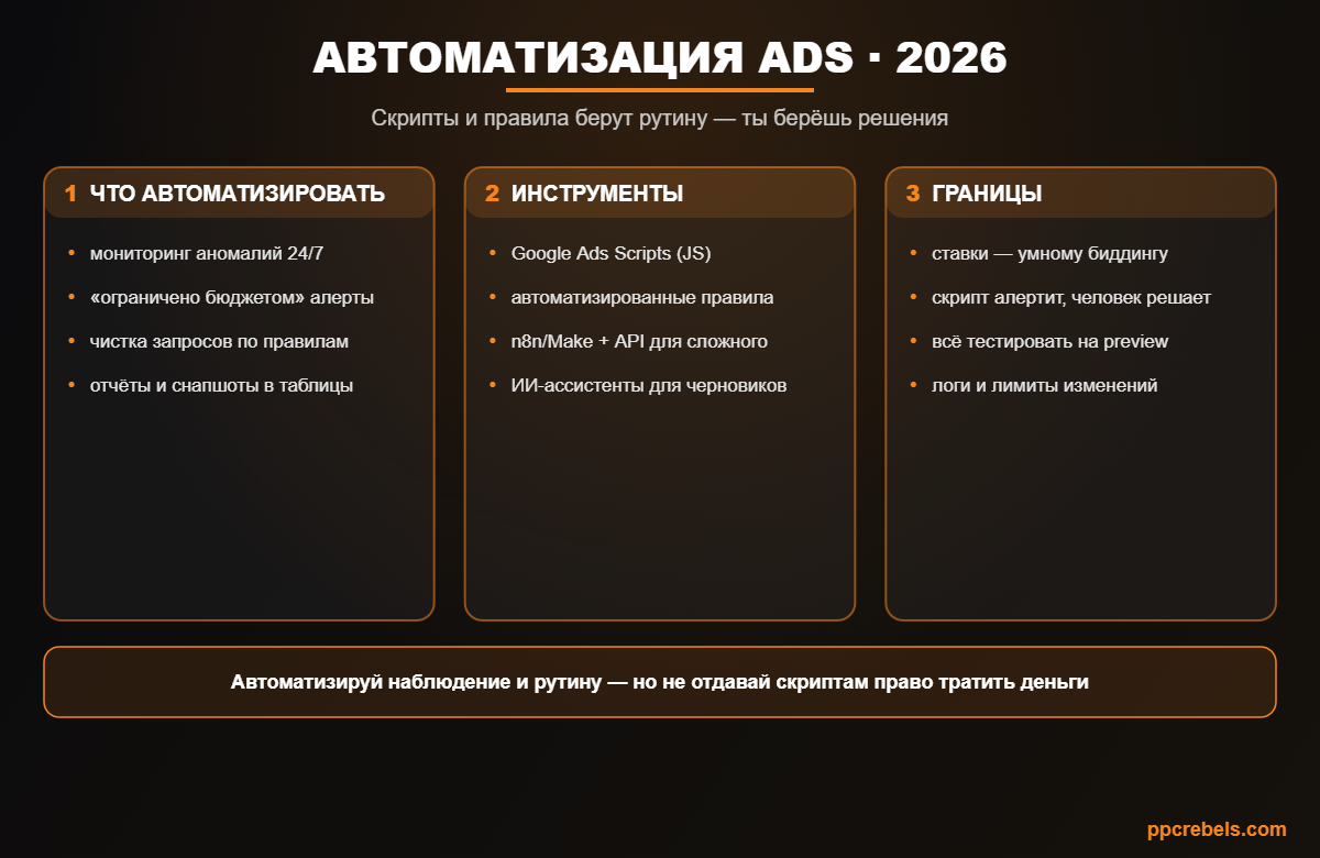 Инфографика: скрипты и автоматизация Google Ads 2026 — что автоматизировать, инструменты и границы