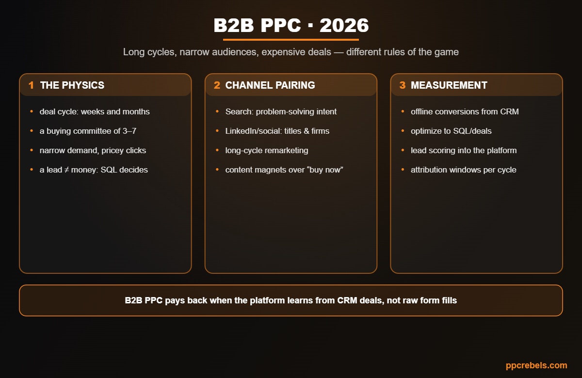Infographic: B2B PPC 2026 — the long-cycle physics, channel pairing and deal-based measurement