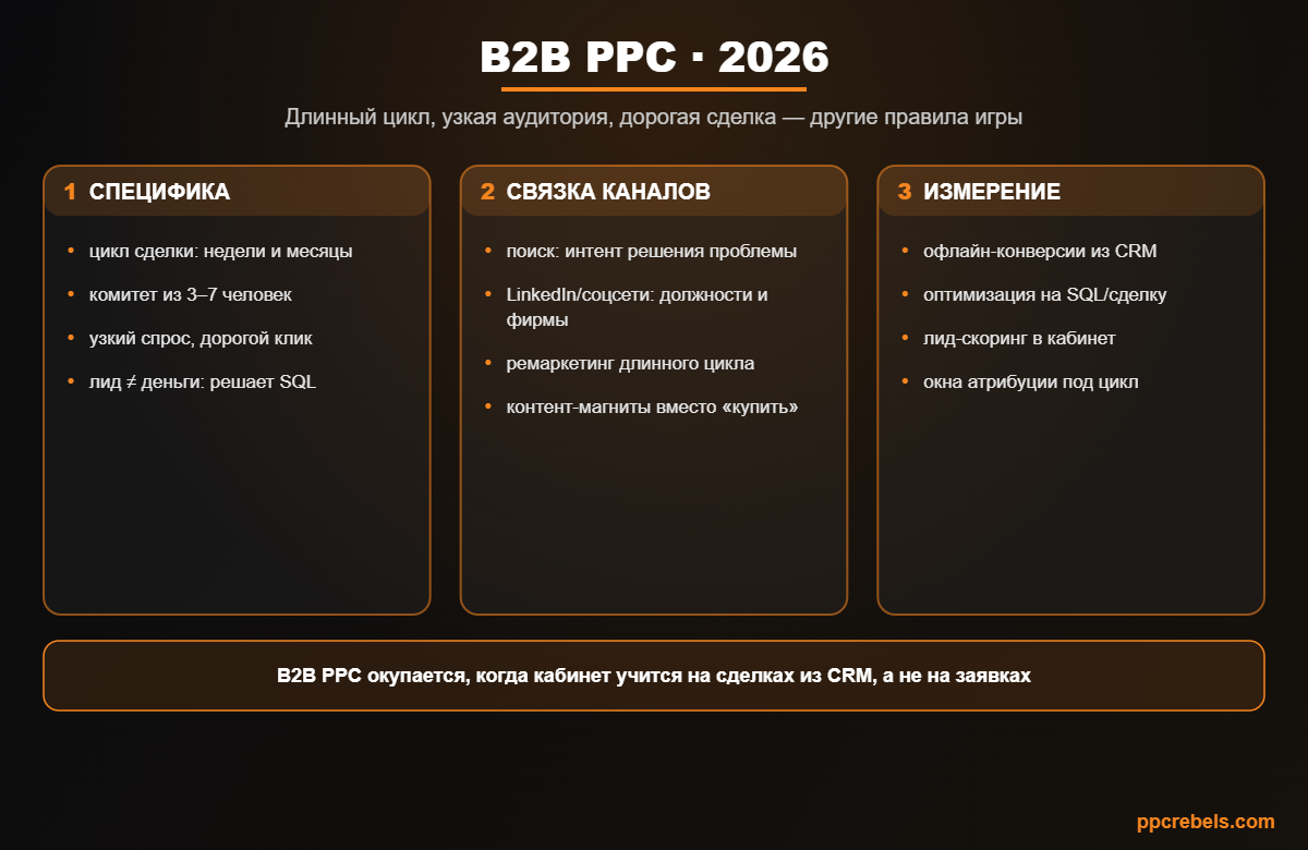 Инфографика: B2B PPC 2026 — специфика длинного цикла, связка каналов и измерение по сделкам