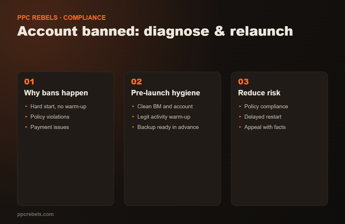 Account ban: causes, pre-launch hygiene and lowering repeat-block risk