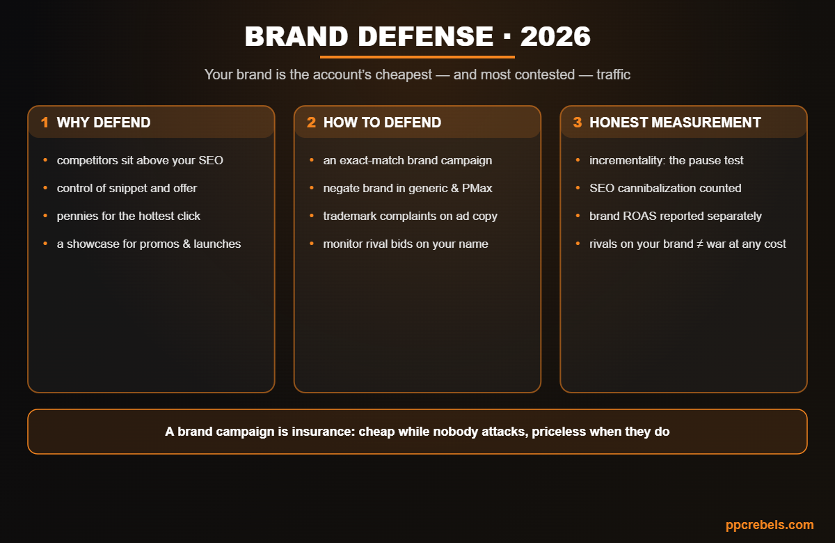 Infographic: brand defense in search 2026 — why to defend, the toolkit and honest measurement