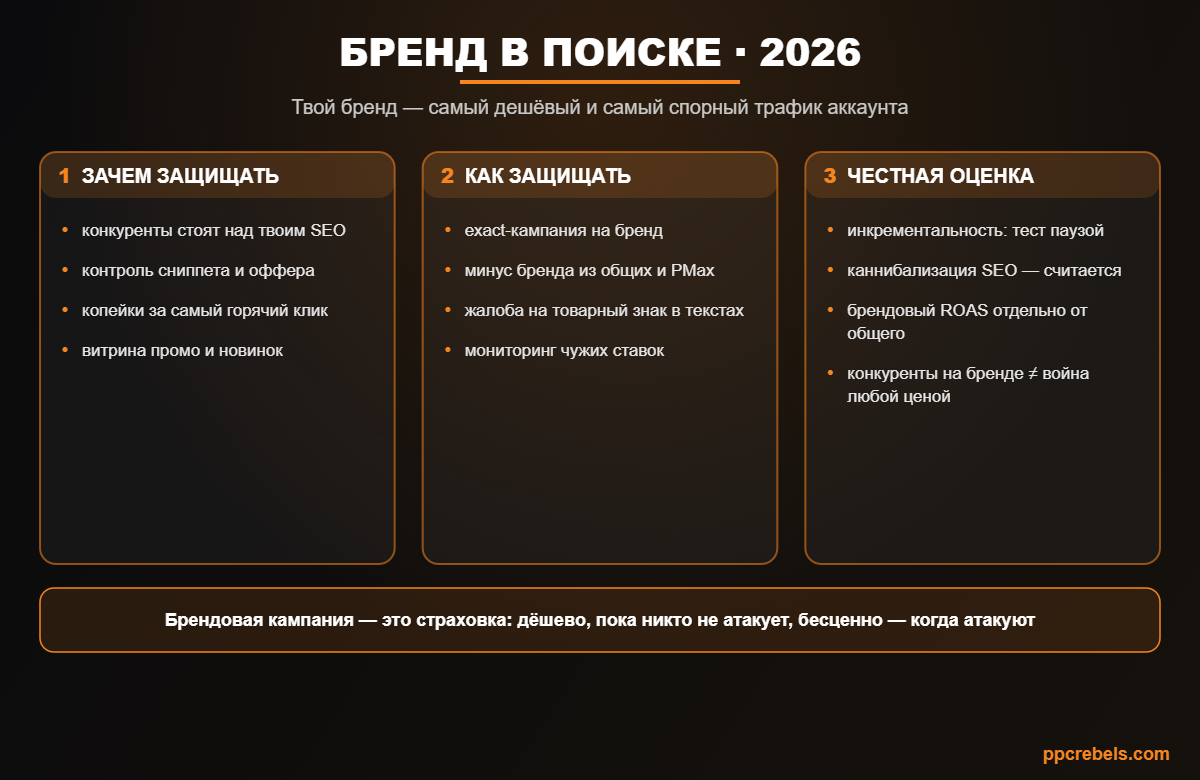 Инфографика: брендовая защита в поиске 2026 — зачем защищать бренд, инструменты защиты и честная оценка