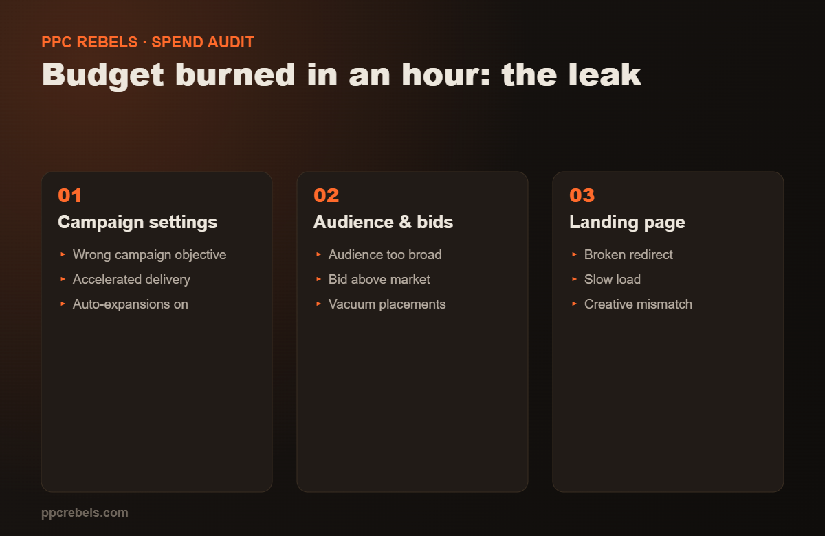 Budget burned in an hour: typical leaks in campaign settings, audience and landing page