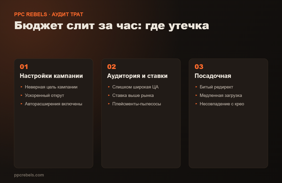 Бюджет слит за час: типовые утечки в настройках кампании, аудитории и посадочной