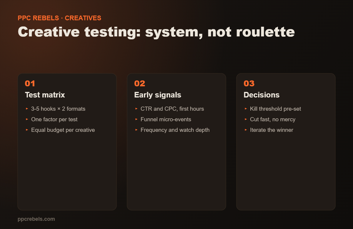 Creative testing system: hook by format matrix, early signals, decision thresholds