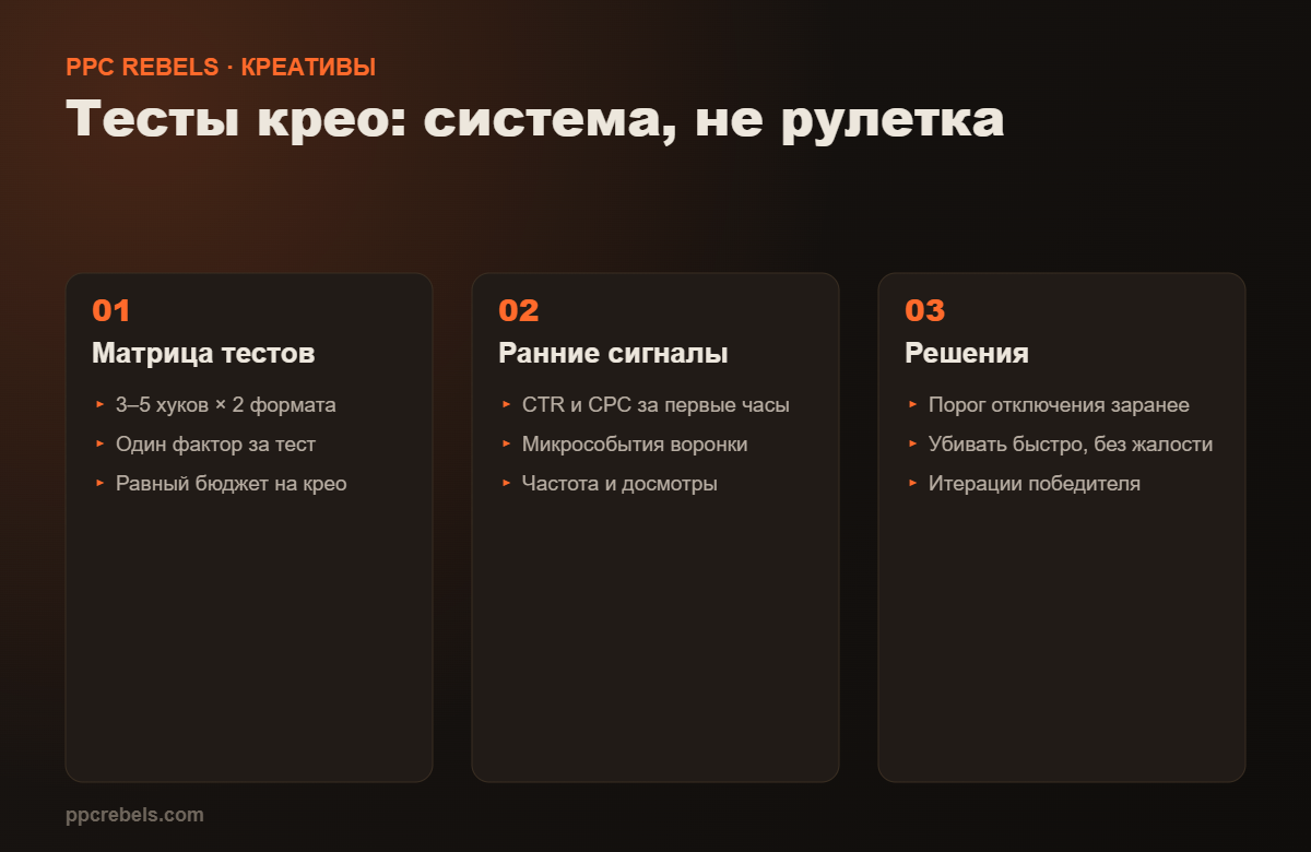 Система тестирования креативов: матрица хук на формат, ранние сигналы, пороги решений
