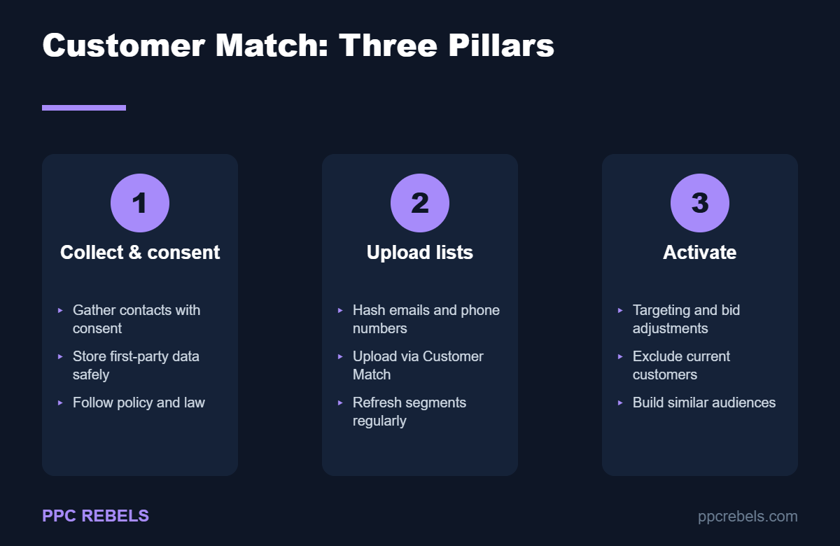 Three pillars of Customer Match: collect and consent, upload lists, activate audiences