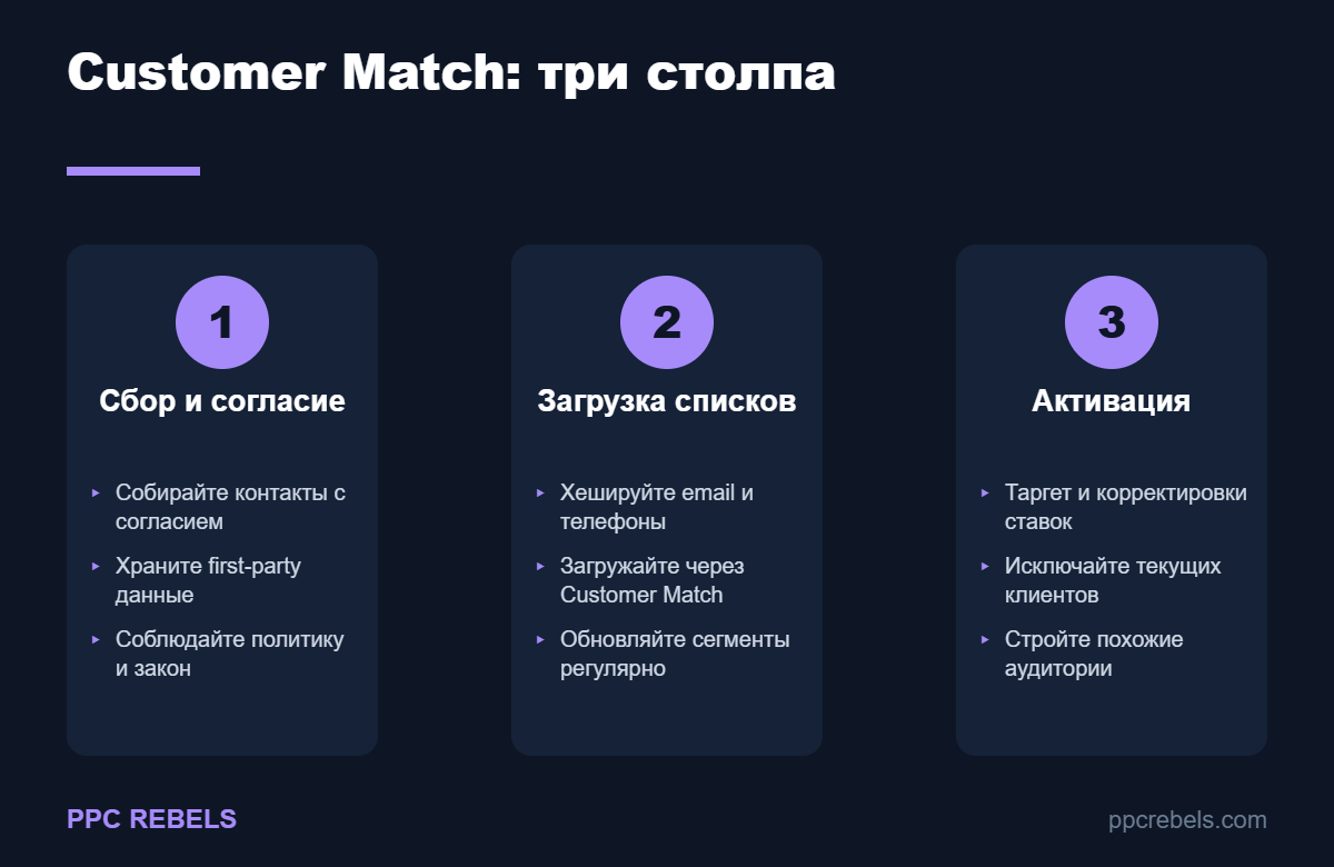 Три столпа Customer Match: сбор и согласие, загрузка списков, активация аудиторий