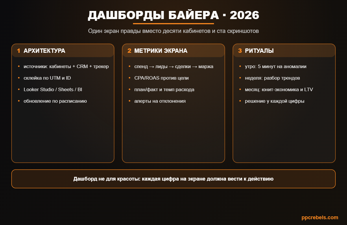 Инфографика: дашборды и отчётность медиабайера 2026 — архитектура данных, метрики экрана и ритуалы