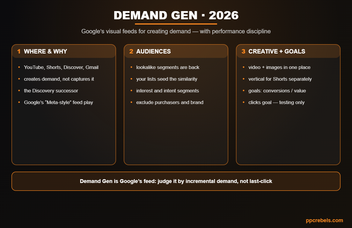 Infographic: Demand Gen in Google Ads 2026 — placements, lookalike audiences and feed creative for demand creation