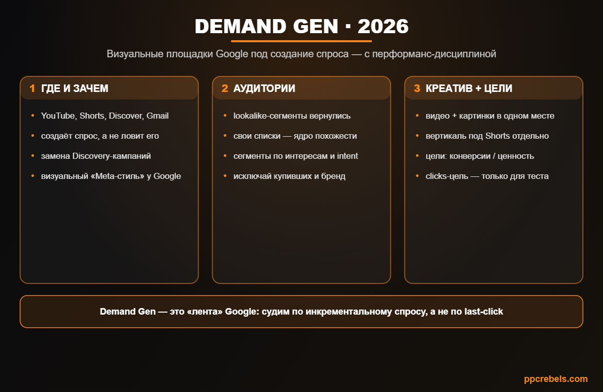 Инфографика: Demand Gen в Google Ads 2026 — площадки, lookalike-аудитории и креатив под создание спроса