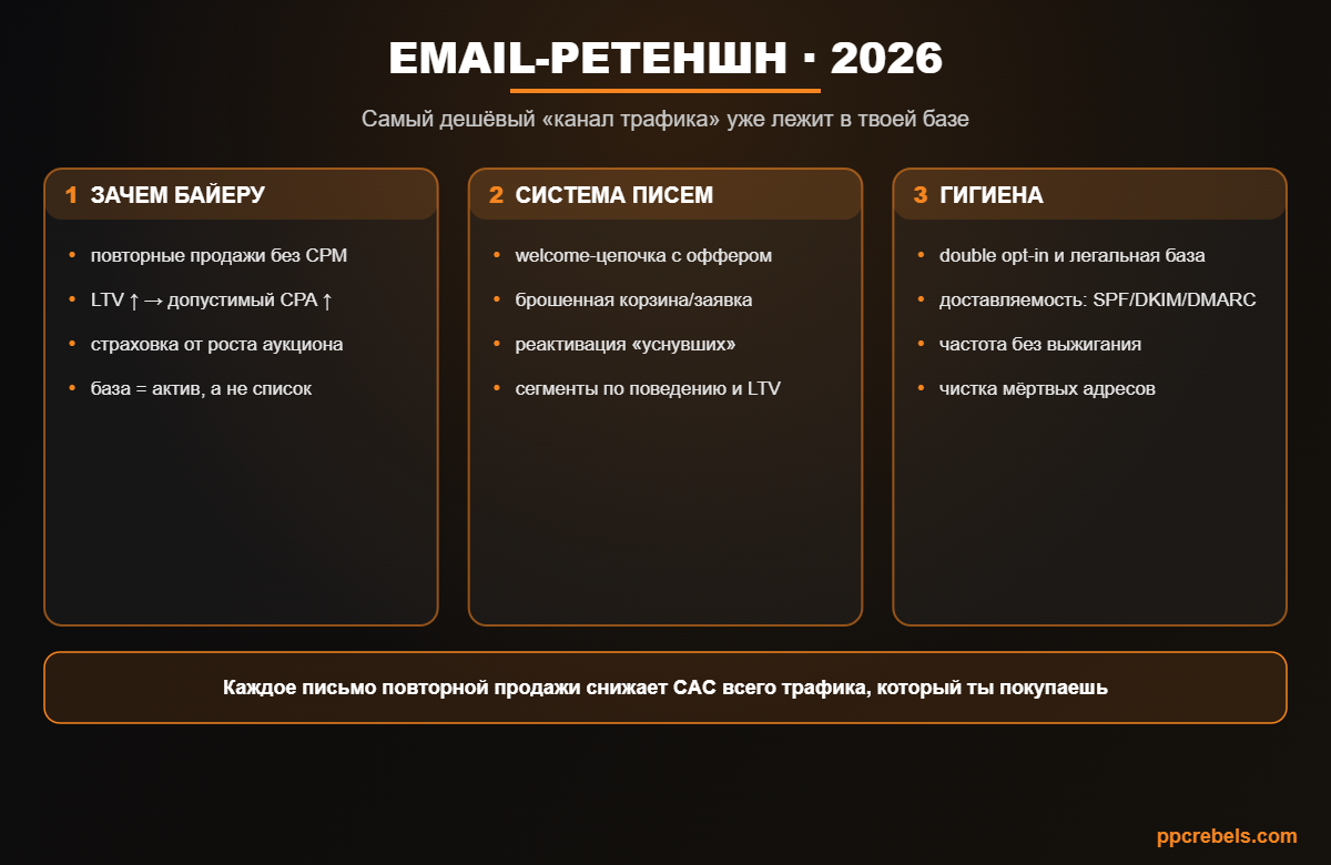 Инфографика: email-ретеншн для медиабайера 2026 — роль в экономике, система цепочек и гигиена базы