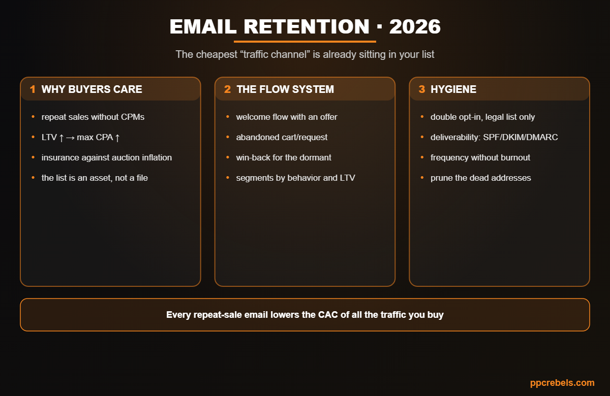 Infographic: email retention for media buyers 2026 — its role in the economics, the flow system and list hygiene