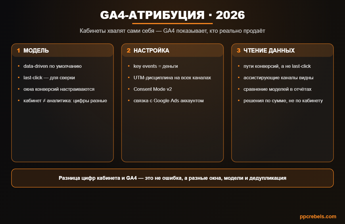 Инфографика: GA4-атрибуция для медиабайера 2026 — data-driven модель, настройка и чтение путей конверсий