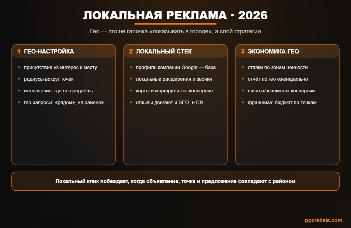 Инфографика: гео и локальная реклама 2026 — настройка геотаргетинга, локальный стек и экономика по зонам