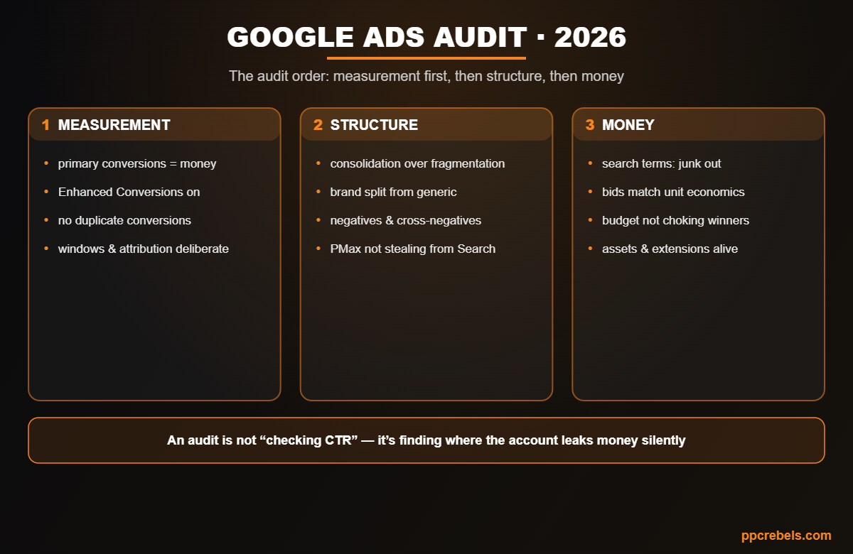 Infographic: Google Ads account audit 2026 — checking measurement, structure and silent money leaks