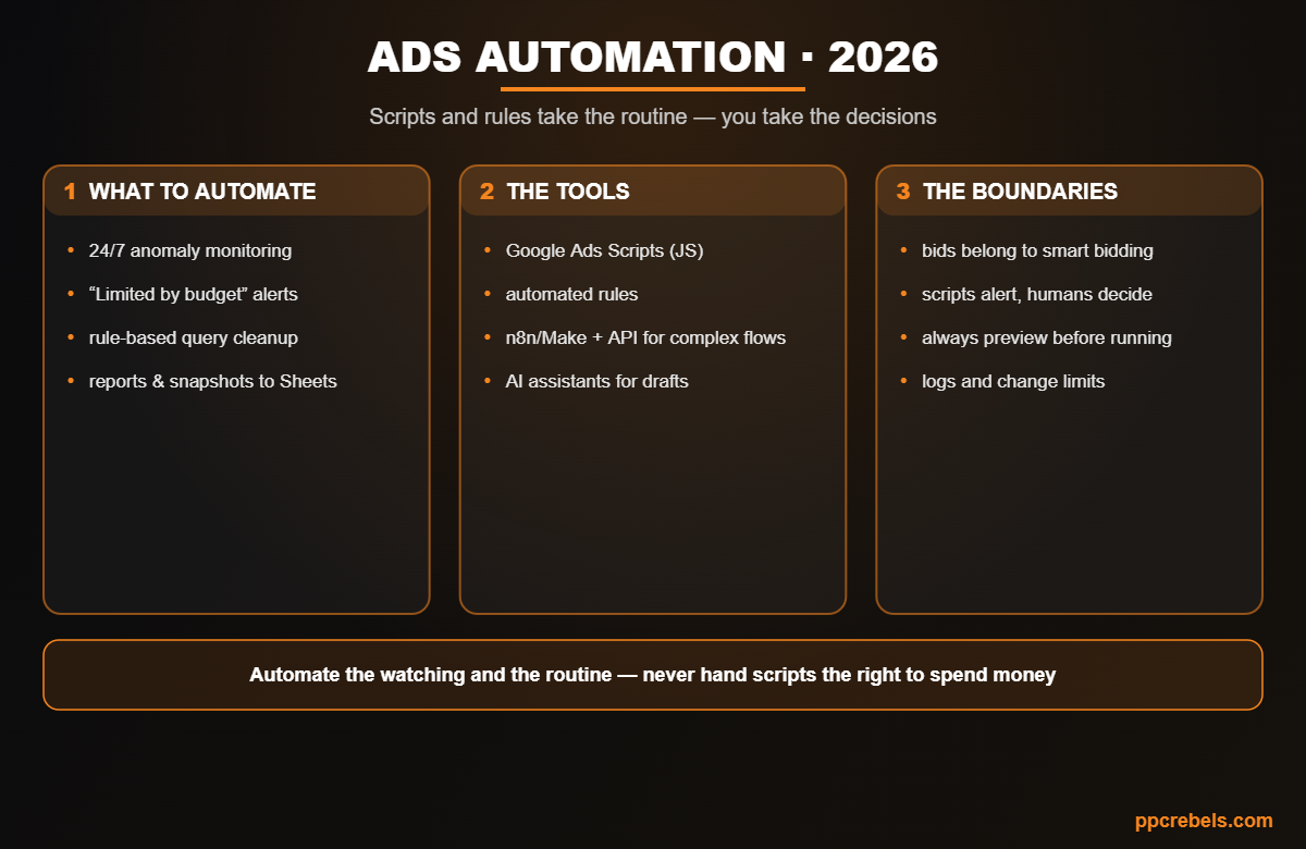 Infographic: Google Ads scripts and automation 2026 — what to automate, the tools and the boundaries
