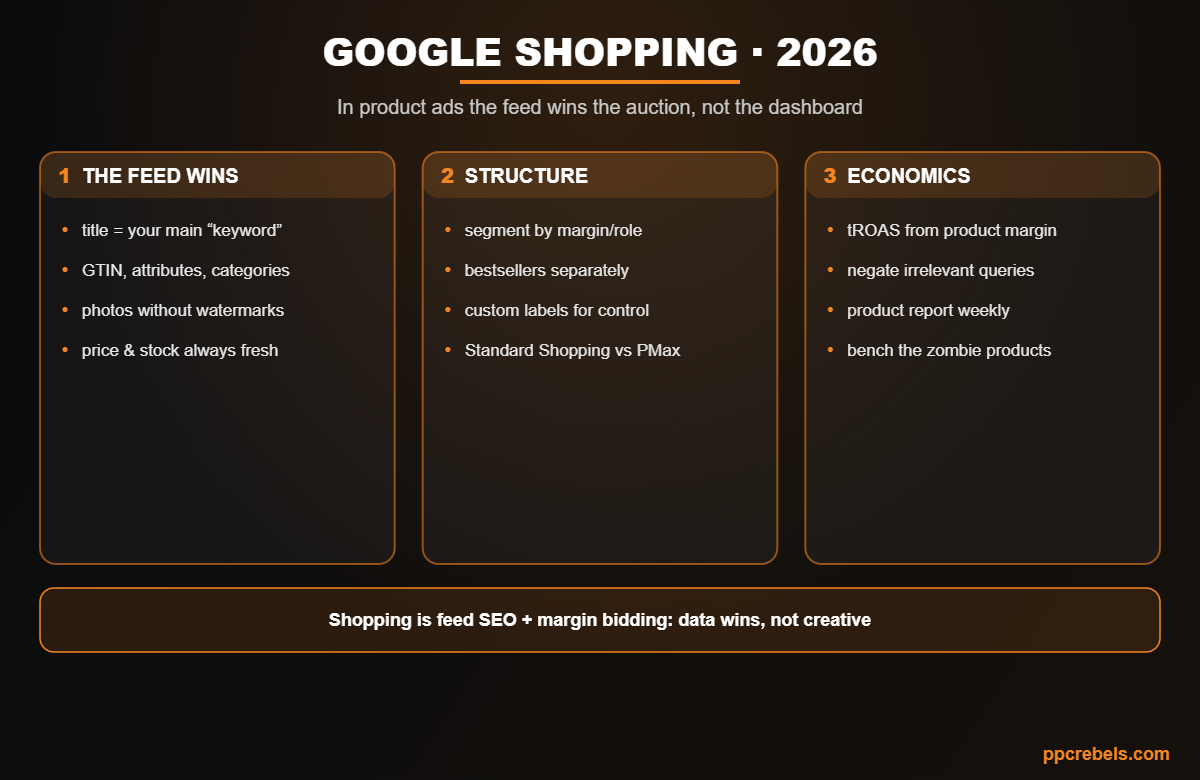 Infographic: Google Shopping 2026 — product feed optimization, campaign structure and margin economics