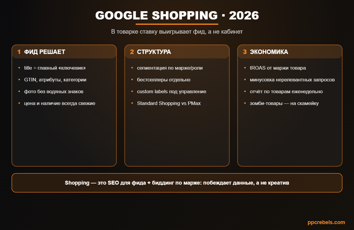 Инфографика: Google Shopping 2026 — оптимизация товарного фида, структура кампаний и экономика по марже