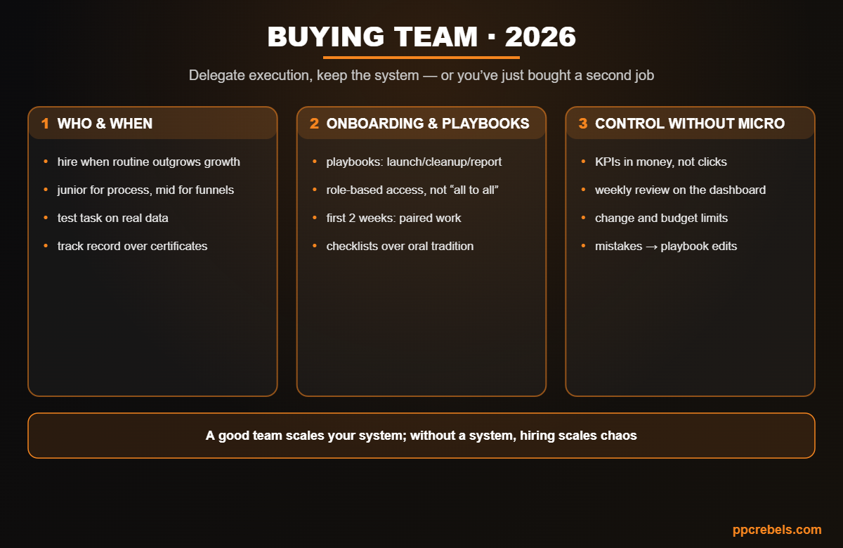 Infographic: hiring and delegating media buying 2026 — who to hire, playbook onboarding and control without micromanagement