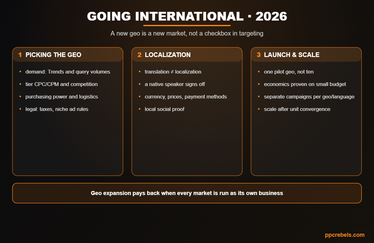 Infographic: international campaign launch 2026 — picking the geo, localization and staged scaling