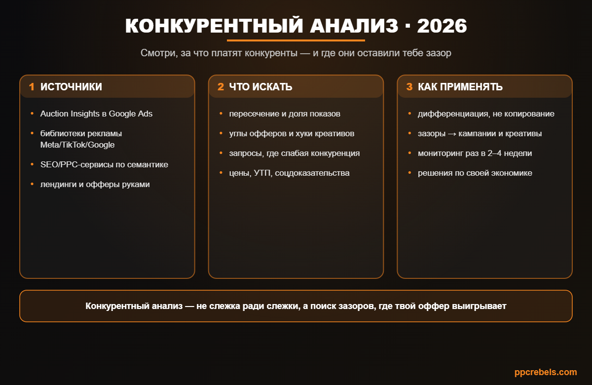 Инфографика: конкурентный анализ в PPC 2026 — Auction Insights, библиотеки рекламы и поиск зазоров