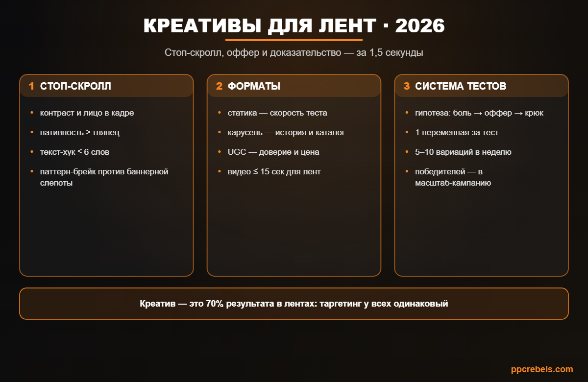 Инфографика: рекламные креативы для лент 2026 — стоп-скролл, форматы и система тестов